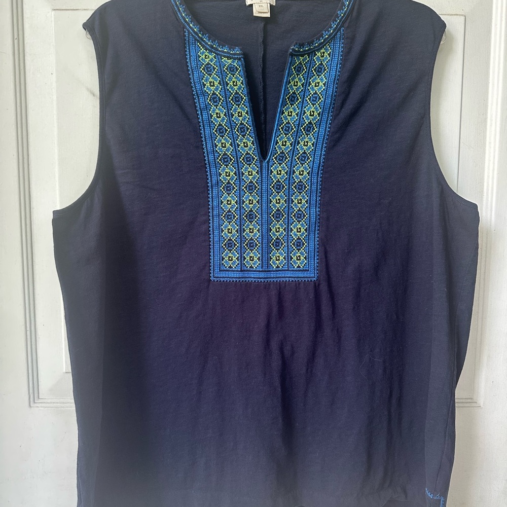 J. Crew navy v neck Sleeveless Top with Embroidery